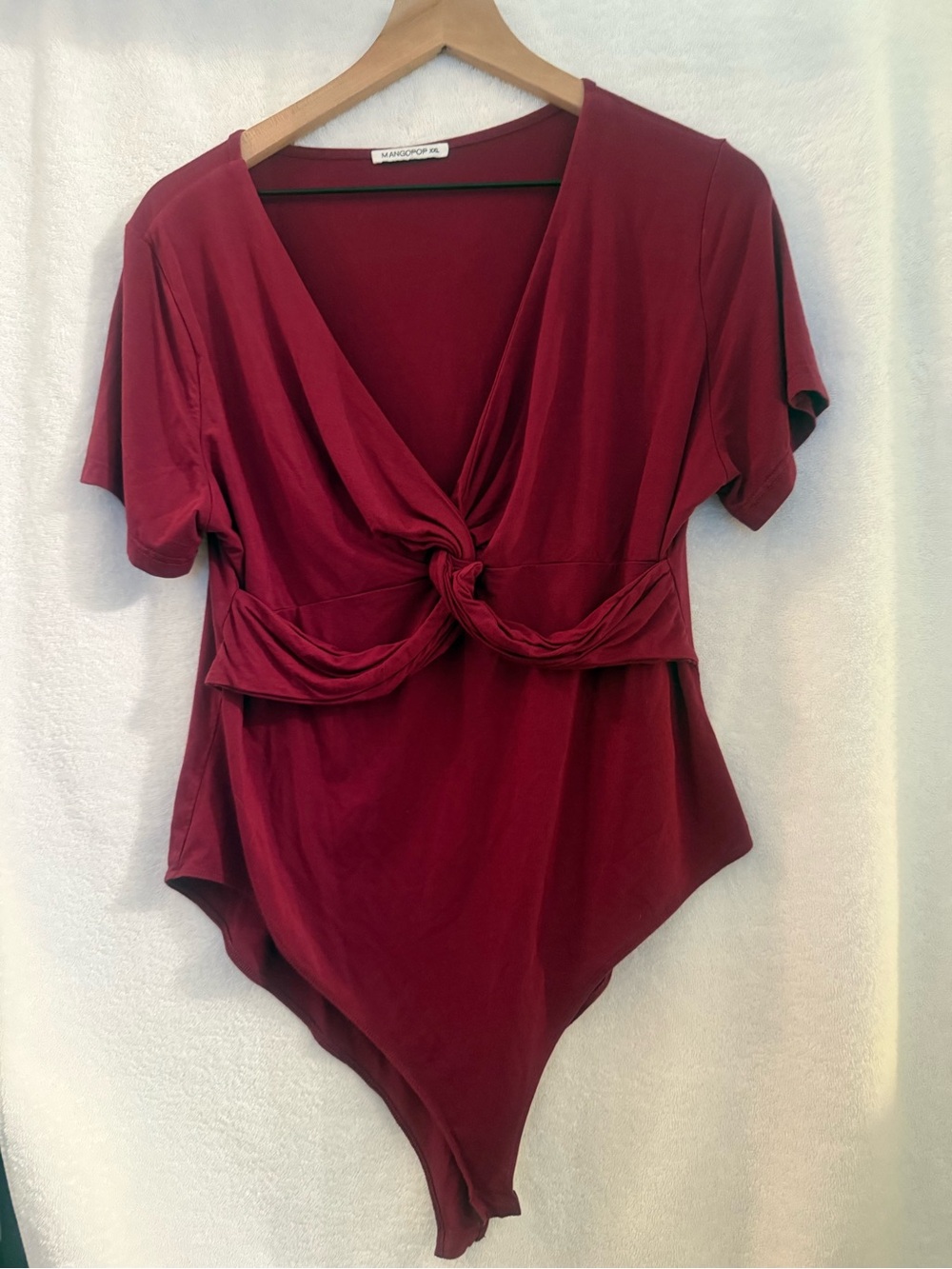Mango Deep Red Knot-Front V-Neck Bodysuit